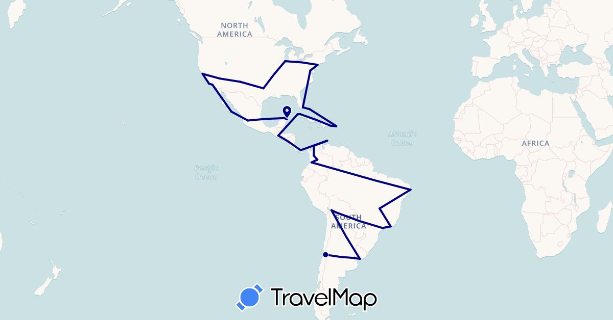 TravelMap itinerary: driving in Argentina, Aruba, Bolivia, Brazil, Bahamas, Chile, Colombia, Cuba, Dominican Republic, Guatemala, Mexico, Nicaragua, Panama, United States, Uruguay (North America, South America)